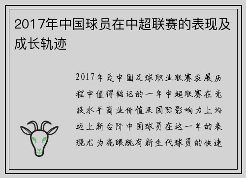 2017年中国球员在中超联赛的表现及成长轨迹