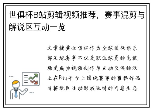 世俱杯B站剪辑视频推荐，赛事混剪与解说区互动一览